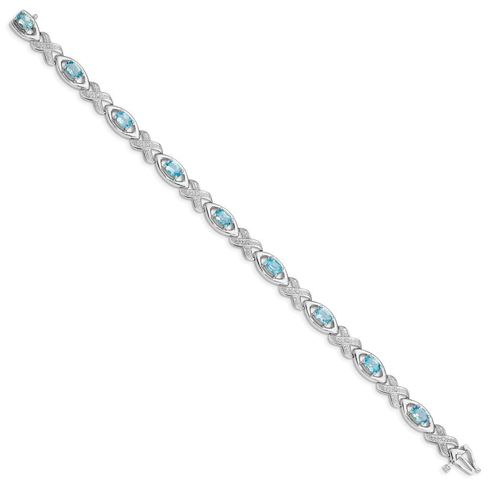 7 Zoll Sterlingsilber Rhodiniert Diamant & Licht Schweizer Blautopas Armband