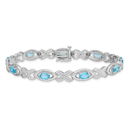 7 Zoll Sterlingsilber Rhodiniert Diamant & Licht Schweizer Blautopas Armband