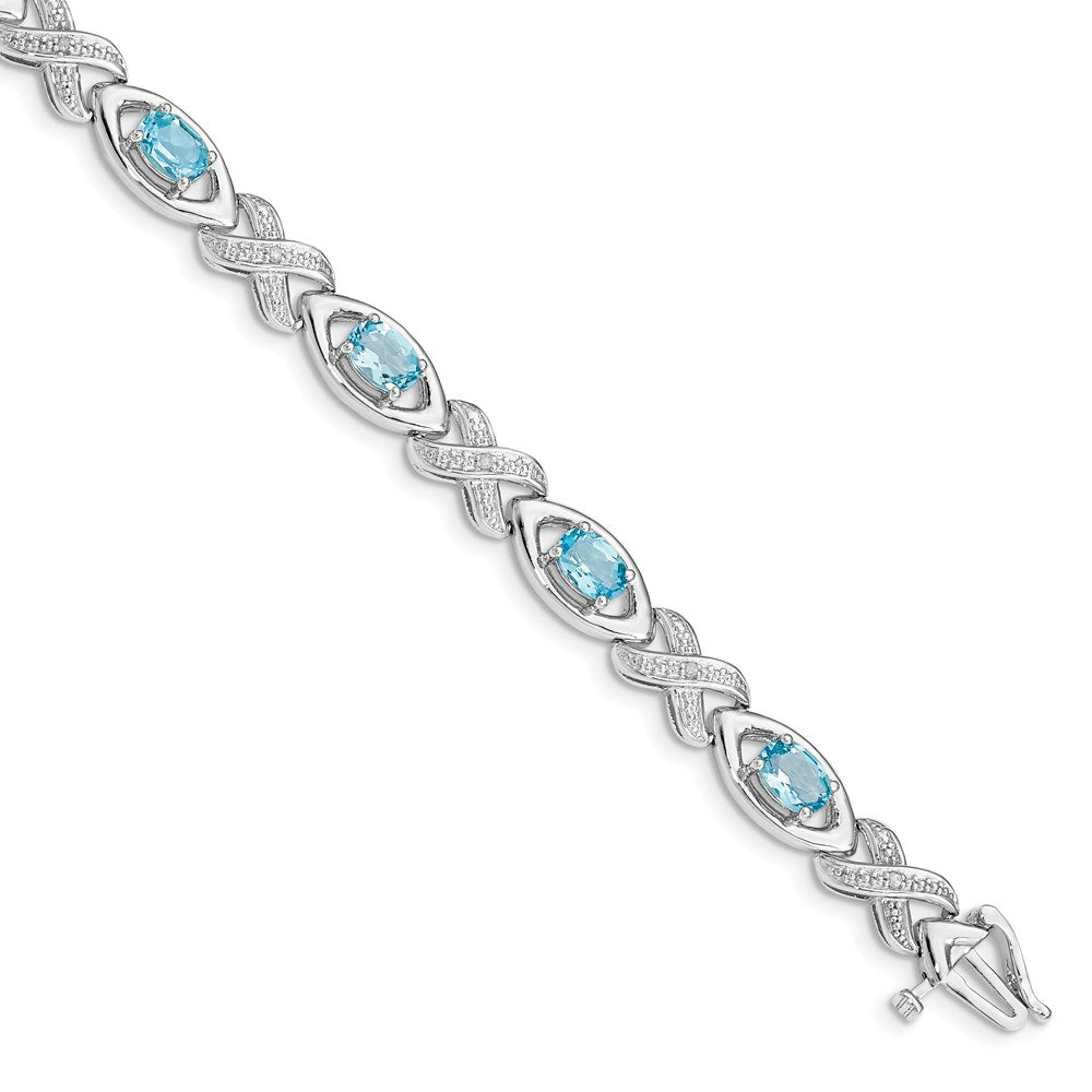 7 Zoll Sterlingsilber Rhodiniert Diamant & Licht Schweizer Blautopas Armband