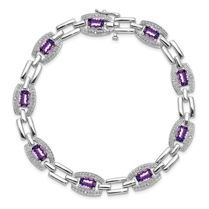 7 Zoll Sterlingsilber Rhodiniert Diamant & Amethyst Armband