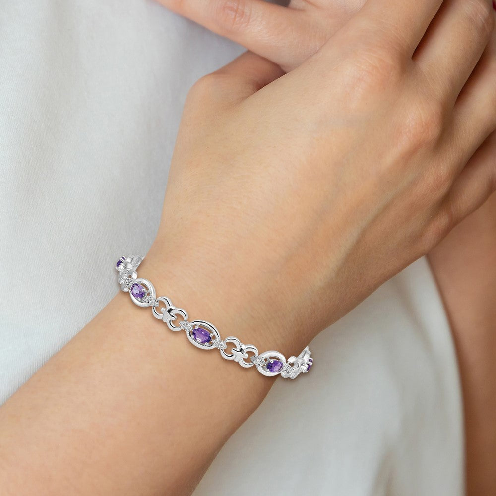 7 Zoll Sterlingsilber Rhodiniert Diamant & Amethyst Armband