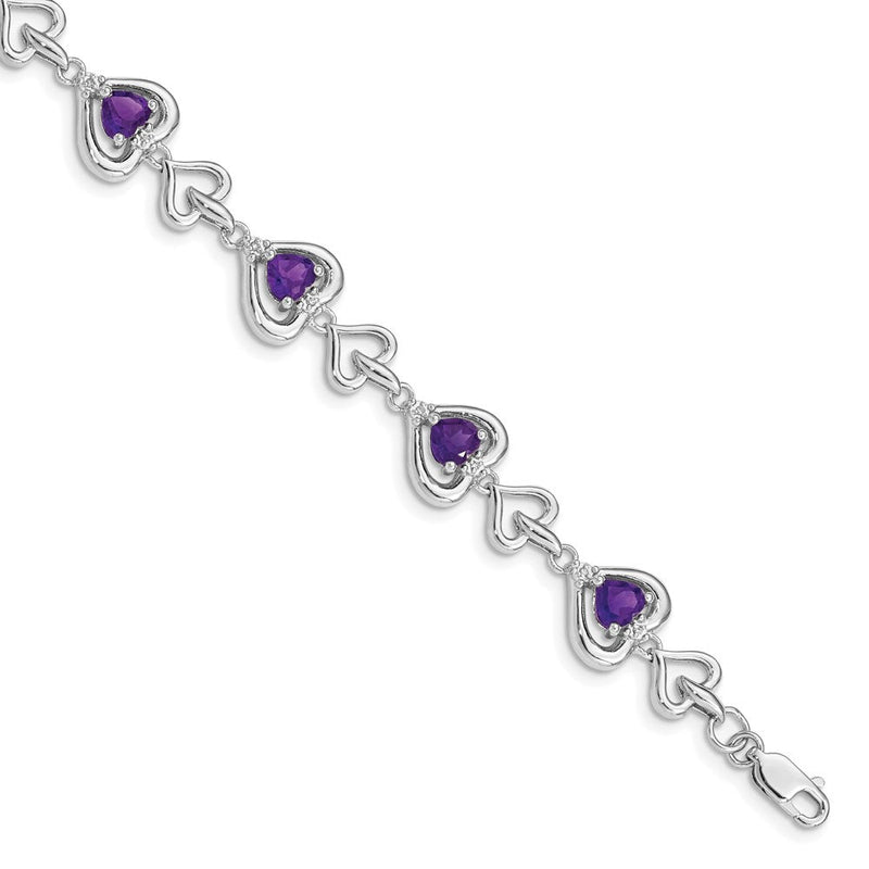 7 Zoll Sterlingsilber Rhodiniert Diamant & Herz Glieder Amethyst Armband