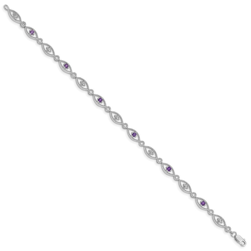 7 Zoll Sterlingsilber Rhodiniert Amethyst Diamant Armband