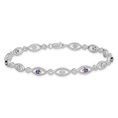 7 Zoll Sterlingsilber Rhodiniert Amethyst Diamant Armband