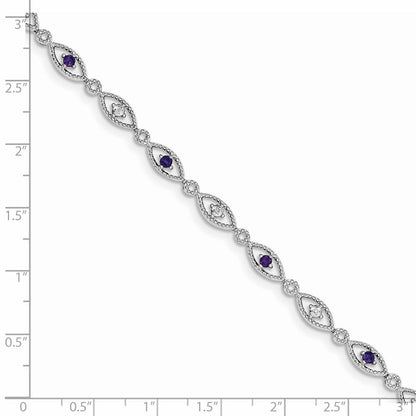 7 Zoll Sterlingsilber Rhodiniert Amethyst Diamant Armband