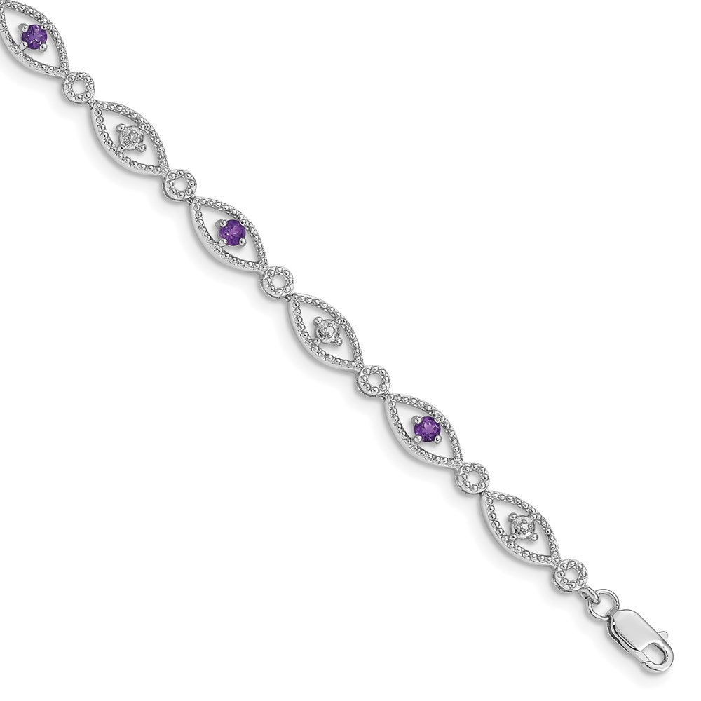 7 Zoll Sterlingsilber Rhodiniert Amethyst Diamant Armband