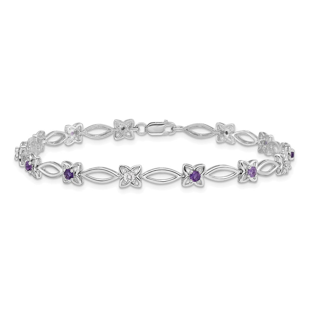 7 Zoll Sterlingsilber Rhodiniert Amethyst & Diamant Armband