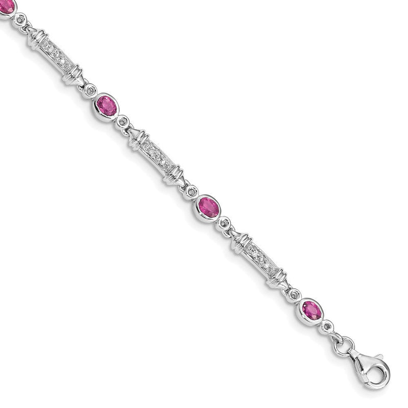 7 Zoll Sterlingsilber Rhodiniert Rosa Turmalin und Diamant Armband