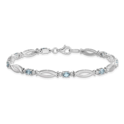 7 Zoll Sterlingsilber Rhodiniert Aquamarin und Diamant Armband