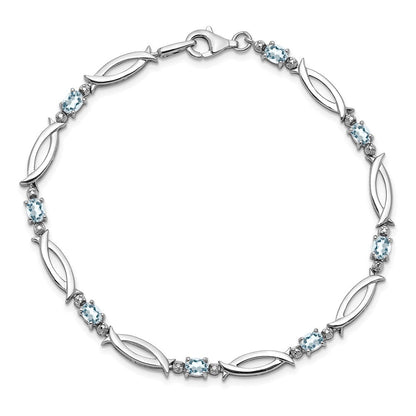 7 Zoll Sterlingsilber Rhodiniert Aquamarin und Diamant Armband