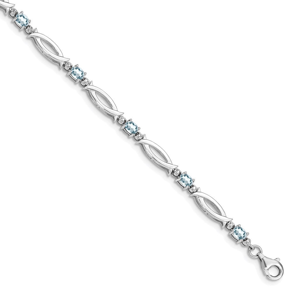 7 Zoll Sterlingsilber Rhodiniert Aquamarin und Diamant Armband