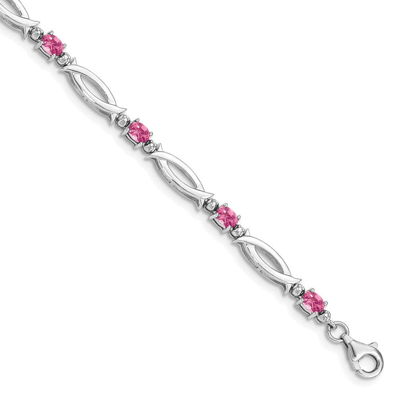 7 Zoll Sterlingsilber Rhodiniert Rosa Turmalin und Diamant Armband