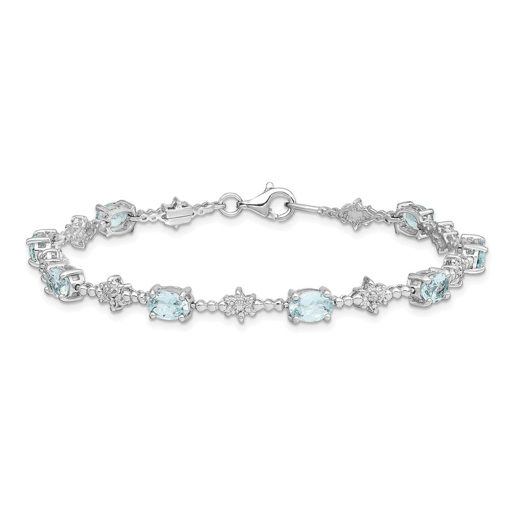 7 Zoll Sterlingsilber Rhodiniert Aquamarin und Diamant Armband