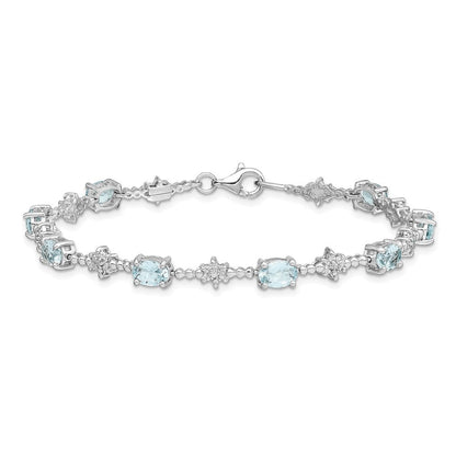 7 Zoll Sterlingsilber Rhodiniert Aquamarin und Diamant Armband