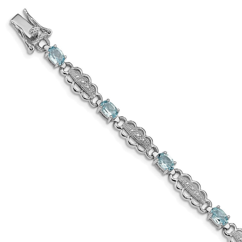 7 Zoll Sterlingsilber Rhodiniert Aquamarin & Diamant Armband