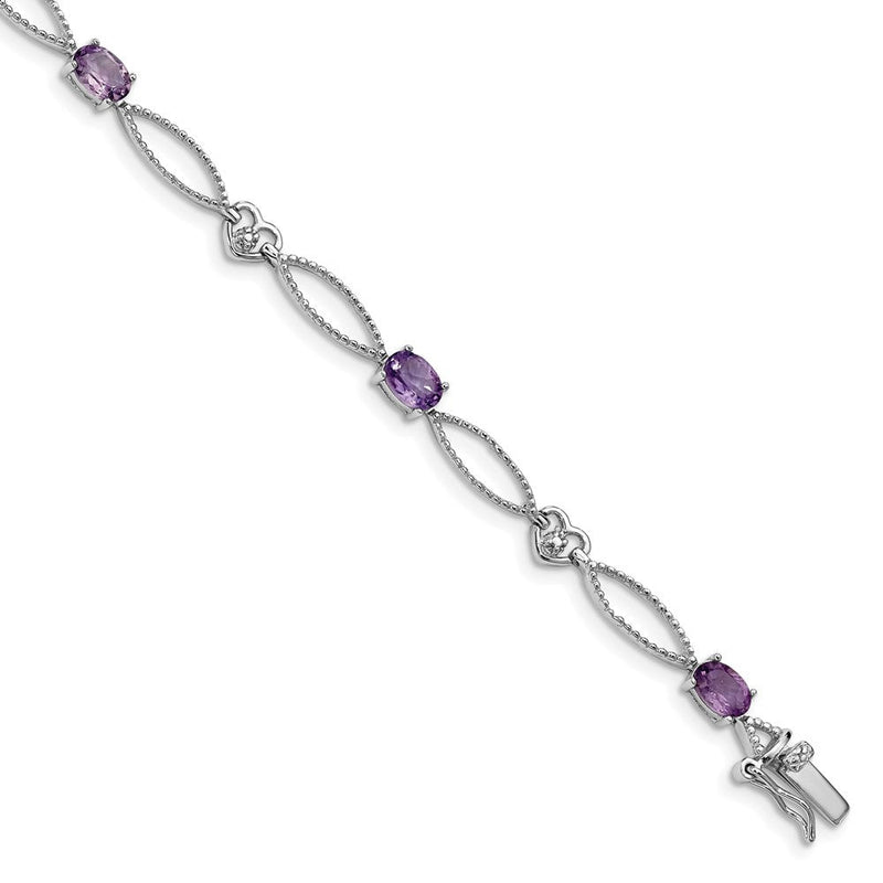 7 Zoll Sterlingsilber Rhodiniert Diamant & Amethyst Oval Diamantiert Armband