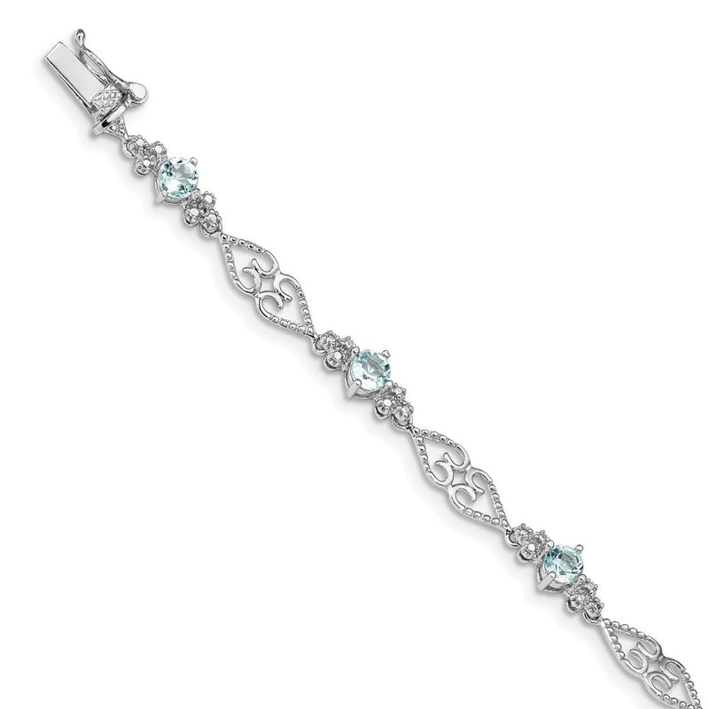 7 Zoll Sterlingsilber Rhodiniert Diamant Aquamarin Armband