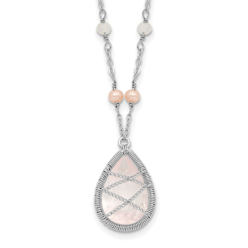 Sterlingsilber Rhodium 18 Zoll Rose Quarz & Fw Cltrd Perle mit 1.5 Halskette