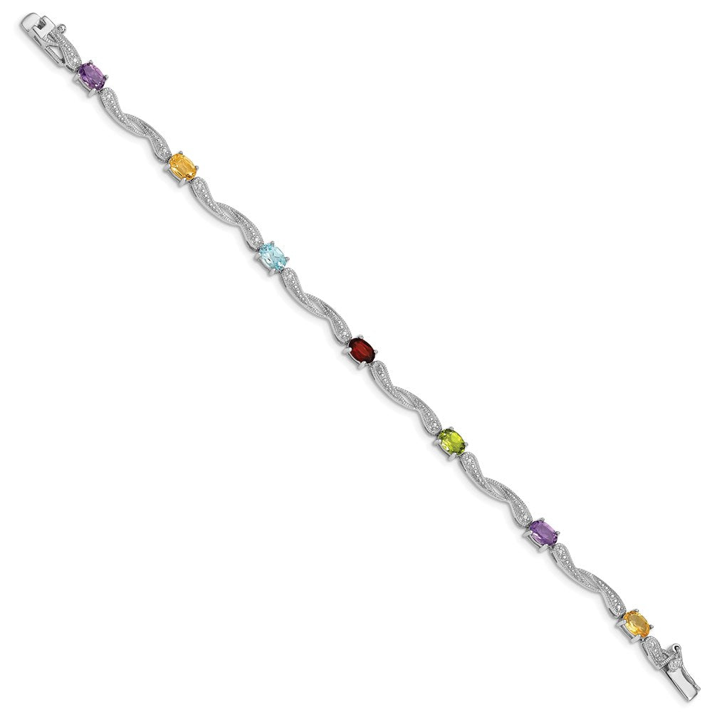 7 Zoll Sterlingsilber Rhodiniert Diamant Multi-colored Edelstein Armband