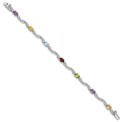 7 Zoll Sterlingsilber Rhodiniert Diamant Multi-colored Edelstein Armband