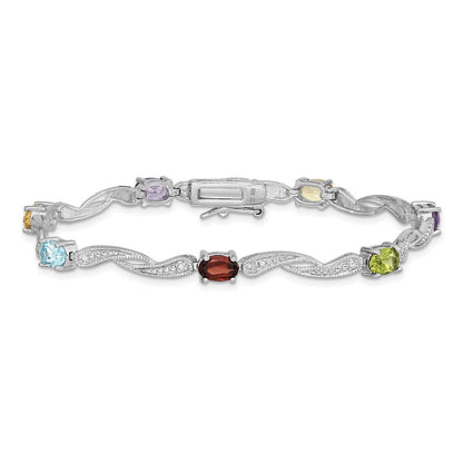 7 Zoll Sterlingsilber Rhodiniert Diamant Multi-colored Edelstein Armband