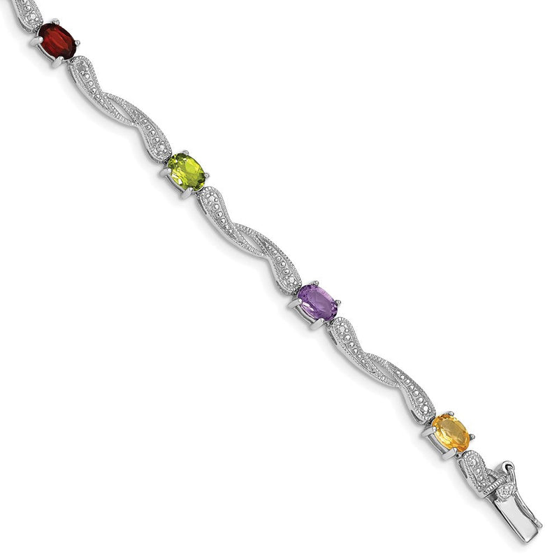 7 Zoll Sterlingsilber Rhodiniert Diamant Multi-colored Edelstein Armband