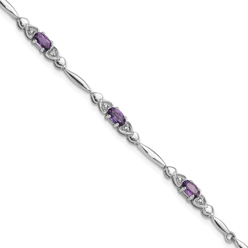 Sterlingsilber Rhodiniert Amethyst und Diamant Herz 7.5 Zoll Armband
