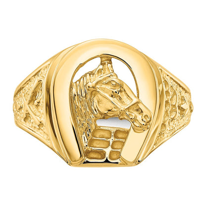 14K Gelbgold Ring, poliert, mit Hufeisen und Pferd in der Mitte