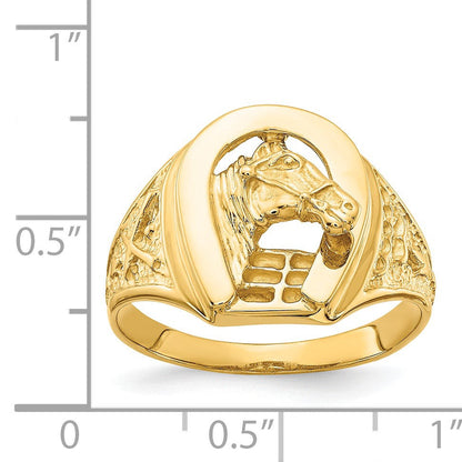 14K Gelbgold Ring, poliert, mit Hufeisen und Pferd in der Mitte