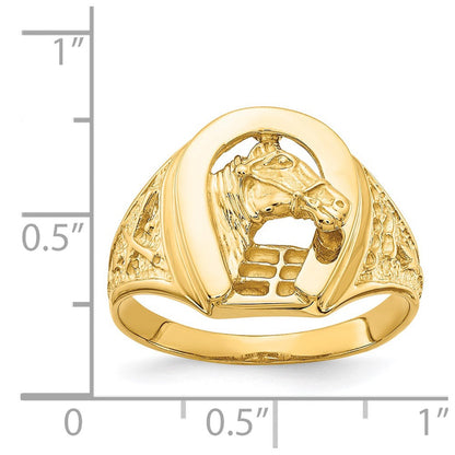 14K Gelbgold Ring, poliert, mit Hufeisen und Pferd in der Mitte
