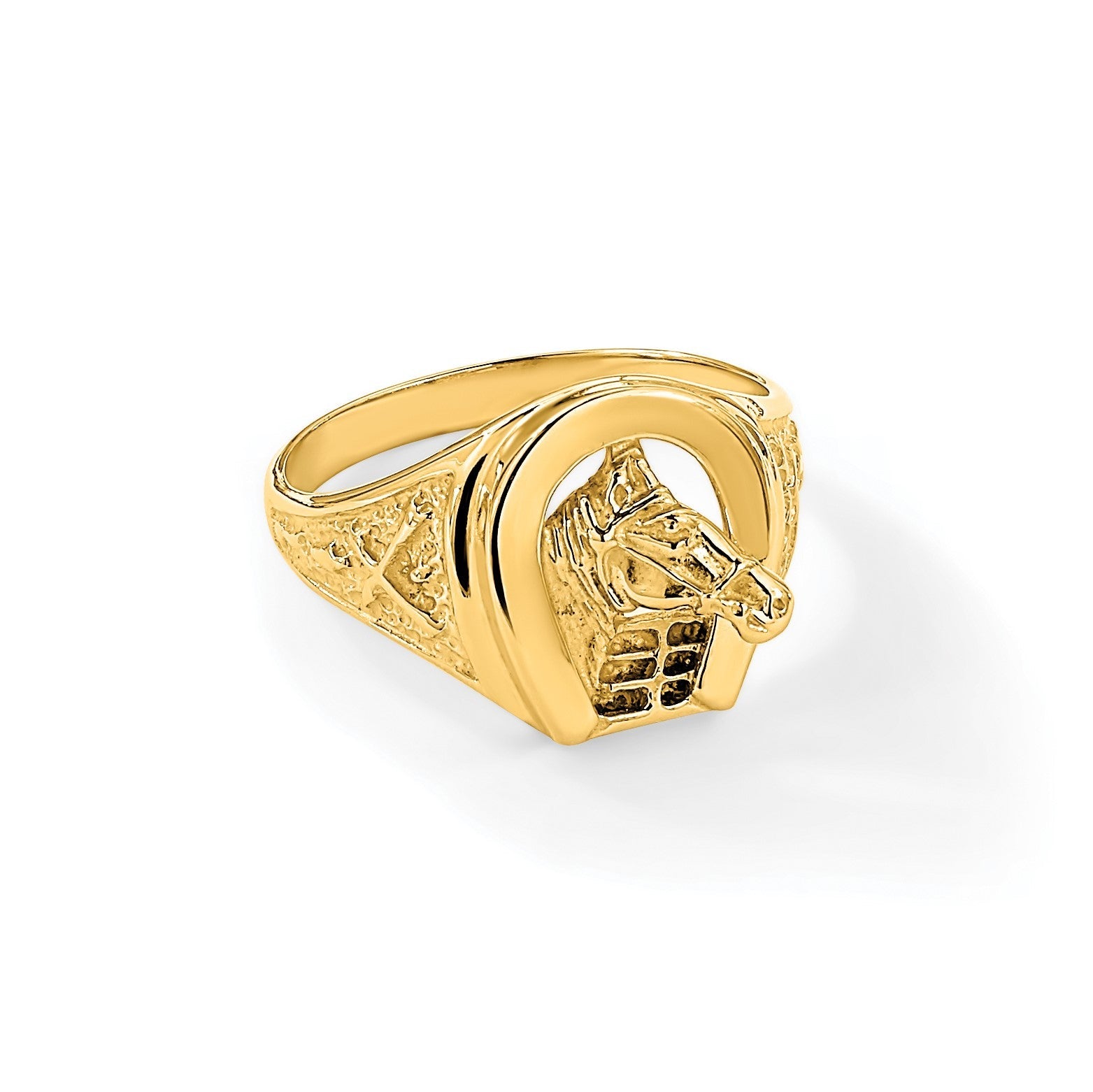 14K Gelbgold Ring, poliert, mit Hufeisen und Pferd in der Mitte