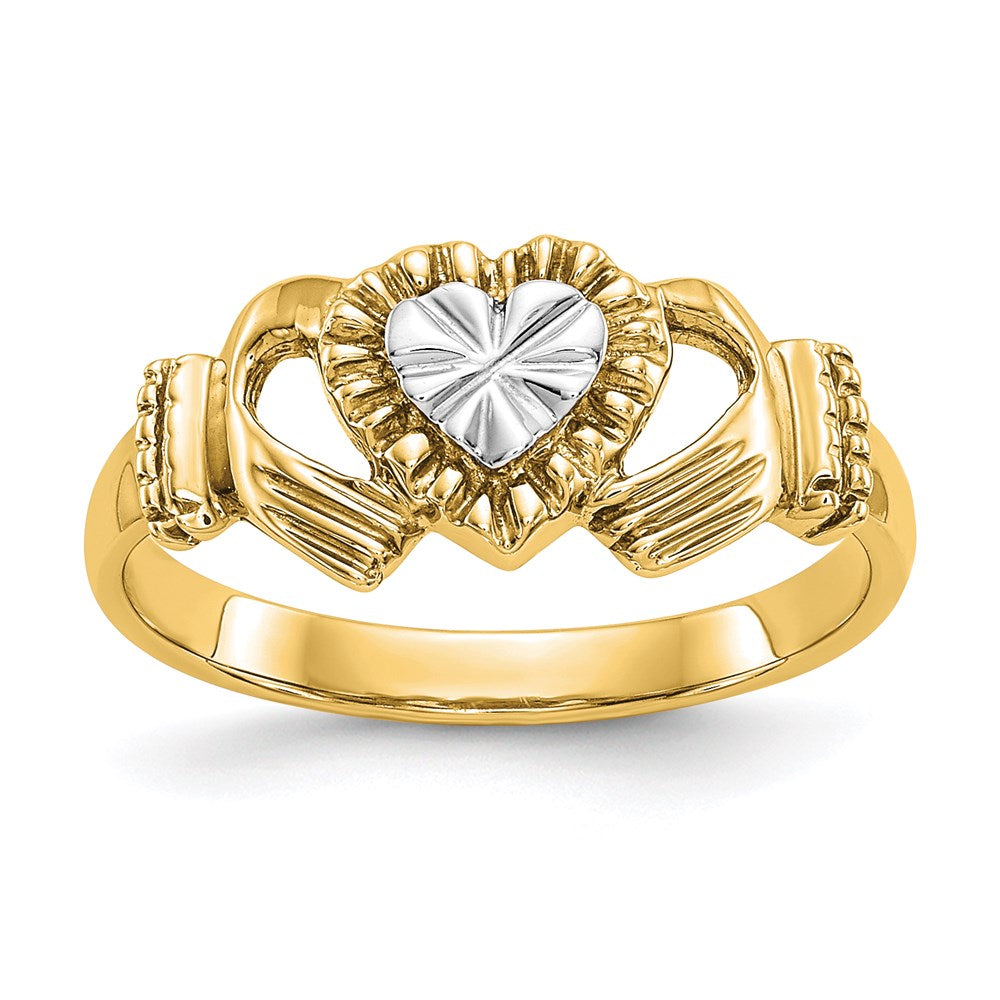 14K Gelbgold Claddagh-Ring mit Diamantschliff und Rhodinierung
