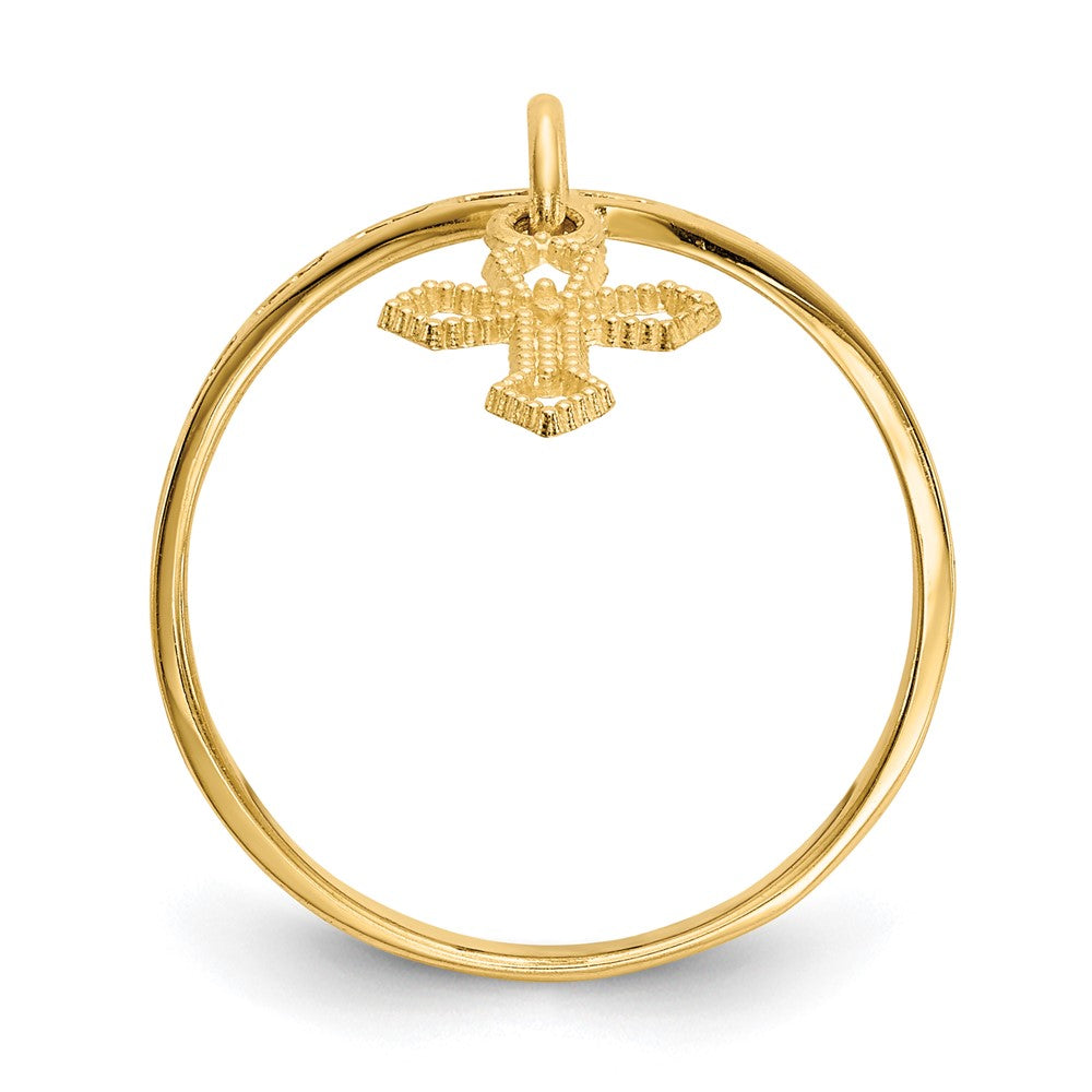14K Gelbgold Kreuz-Anhänger-Ring, poliert, mit baumelndem Charm