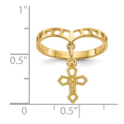 14K Gelbgold Kreuz-Anhänger-Ring, poliert, mit baumelndem Charm