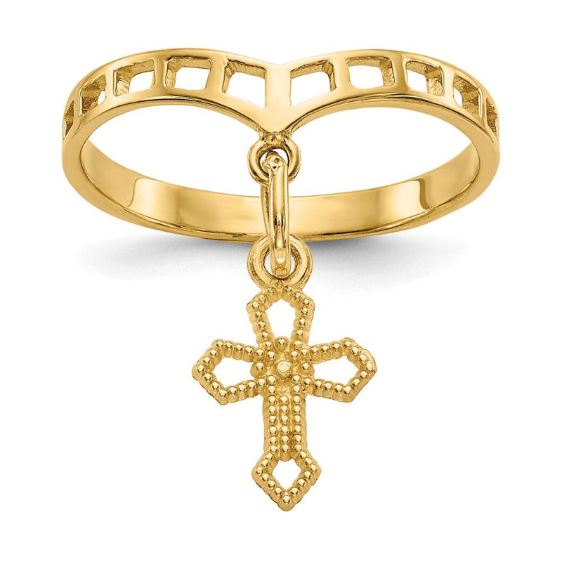 14K Gelbgold Poliert Kreuz Hängend Charm Ring