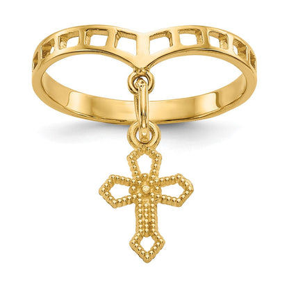 14K Gelbgold Kreuz-Anhänger-Ring, poliert, mit baumelndem Charm