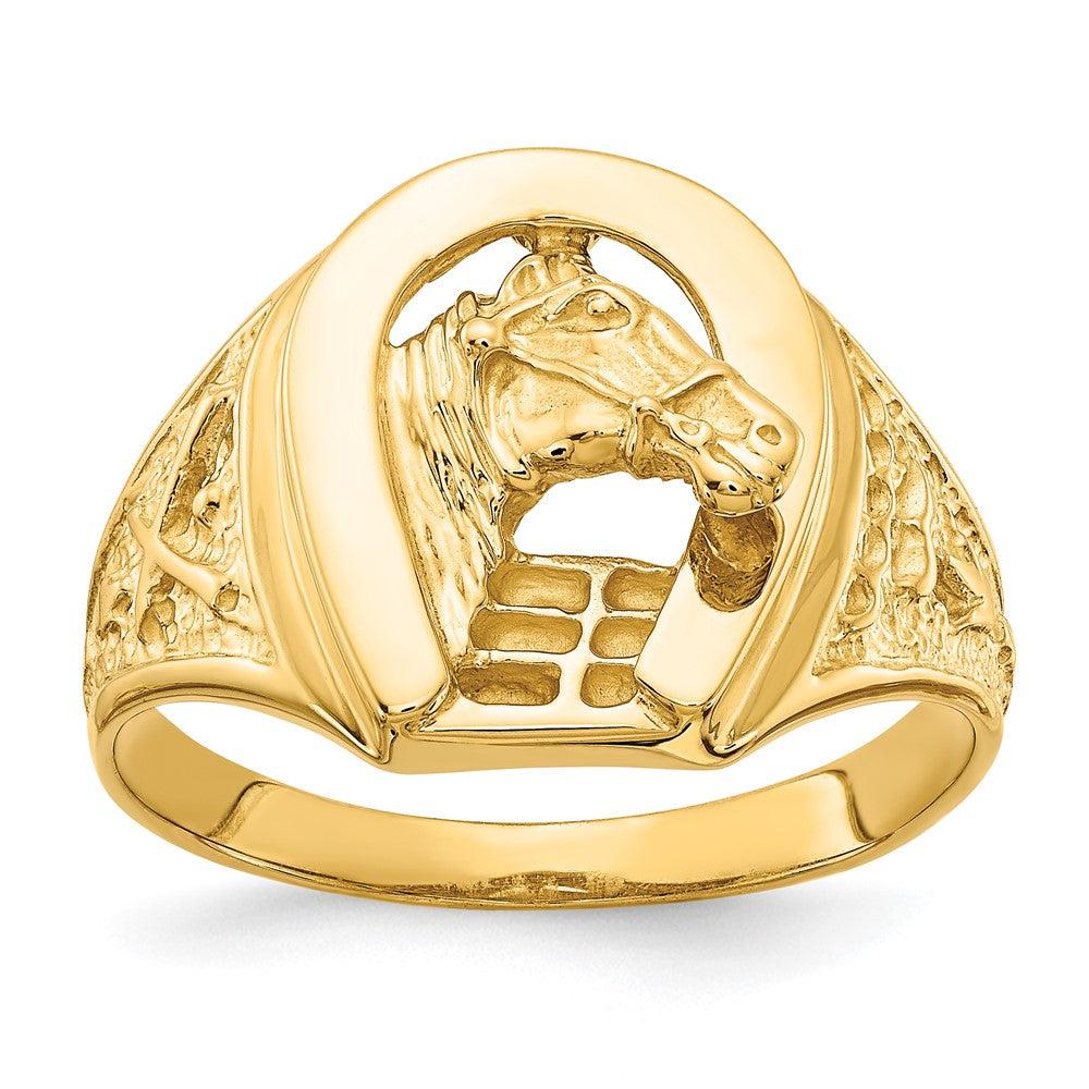 14K Gelbgold Ring, poliert, mit Hufeisen und Pferd in der Mitte