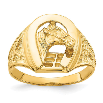 14K Gelbgold Ring, poliert, mit Hufeisen und Pferd in der Mitte