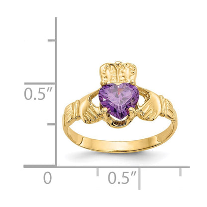 14K Gelbgold February Zirkonia Herz Geburtsstein Claddagh Ring