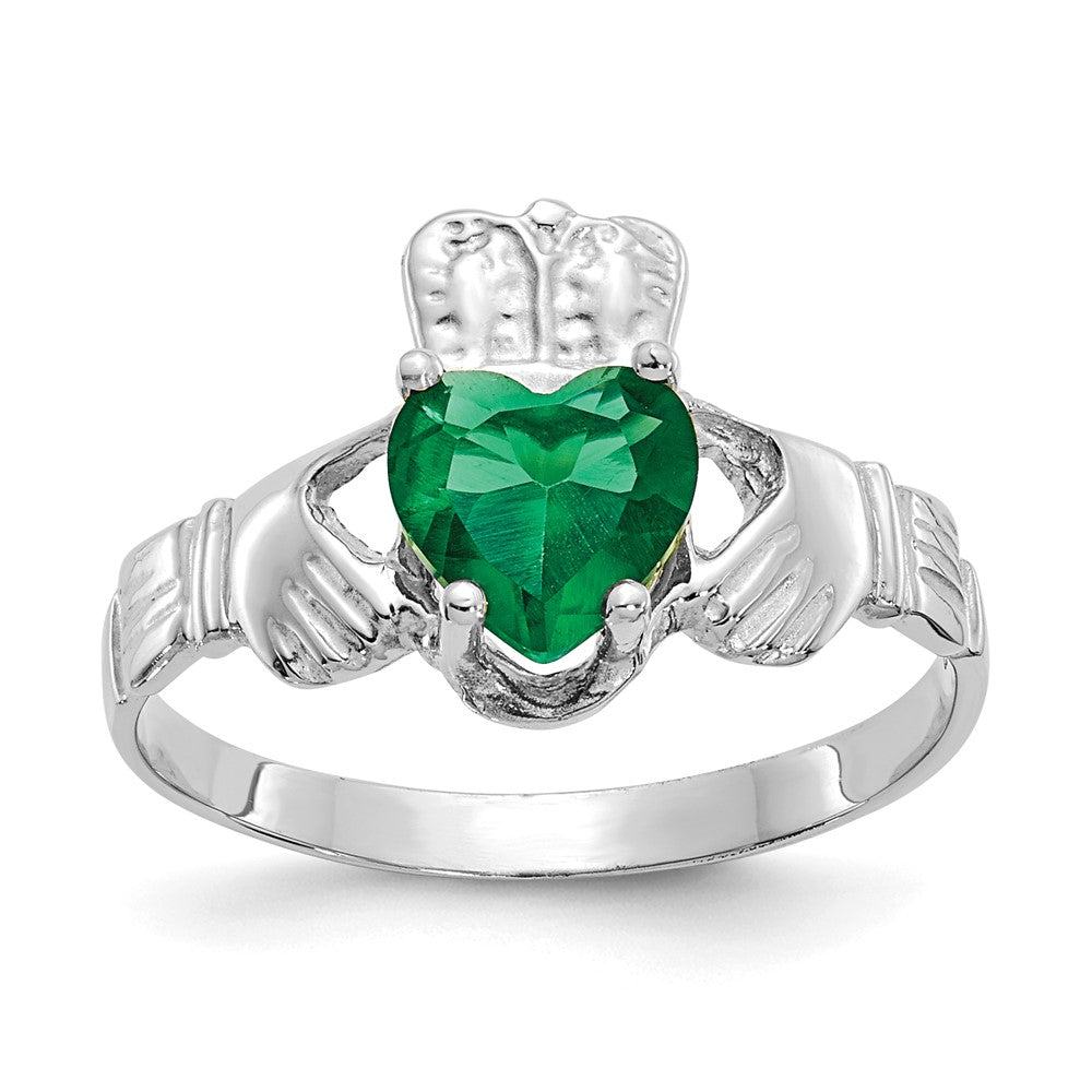 14K Weißgold May Zirkonia Herz Geburtsstein Claddagh Ring