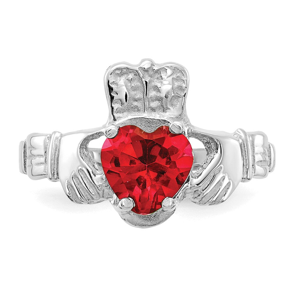 14K Weißgold July Zirkonia Herz Geburtsstein Claddagh Ring