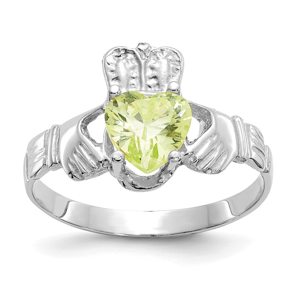 14K Weißgold August Zirkonia Herz Geburtsstein Claddagh Ring