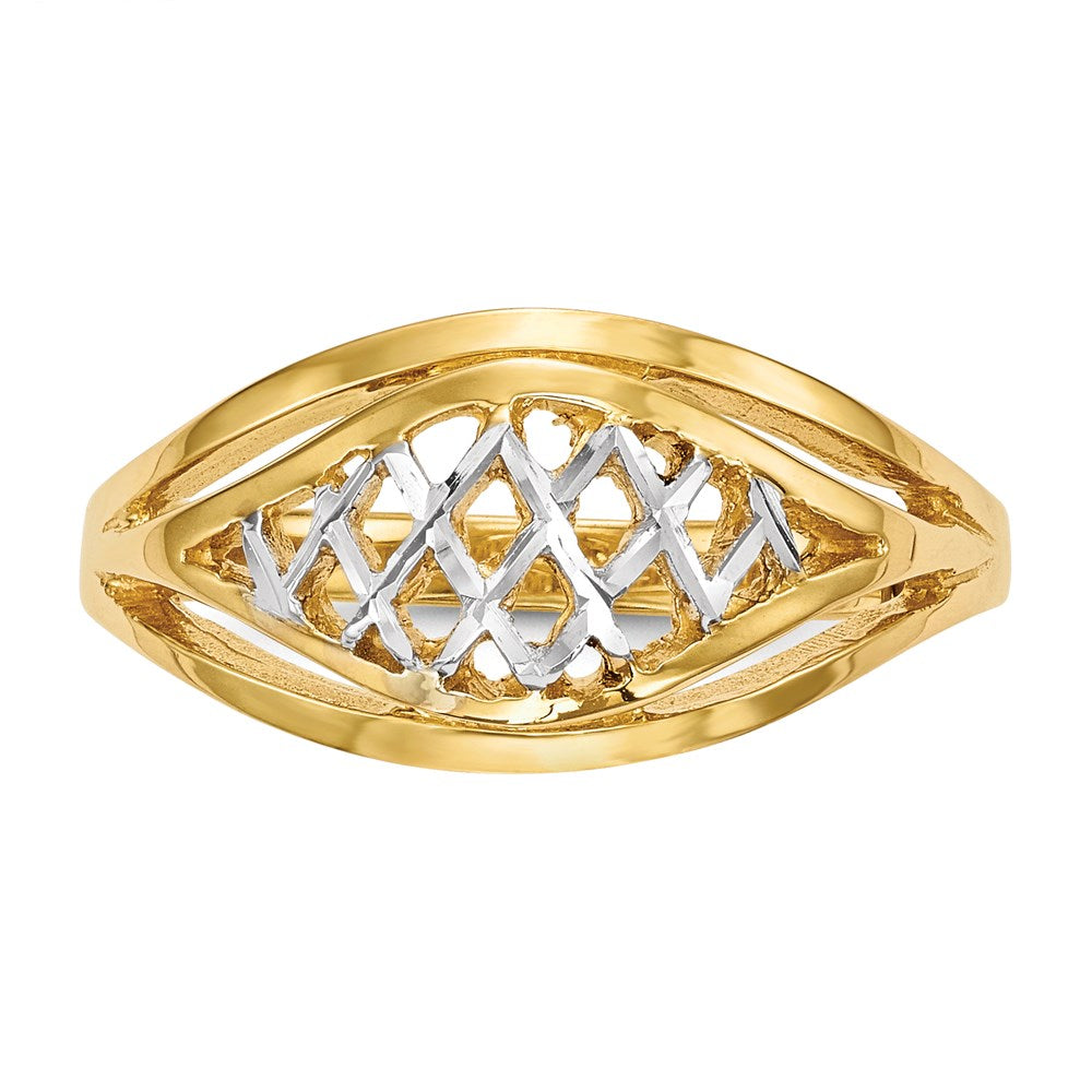14K Gelbgold Ring mit Weißrhodium-Politur und Gitter-Muster