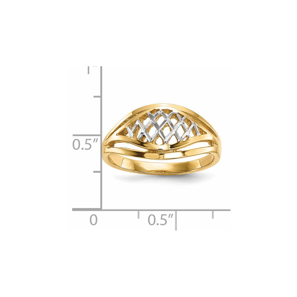 14K Gelbgold Ring mit Weißrhodium-Politur und Gitter-Muster