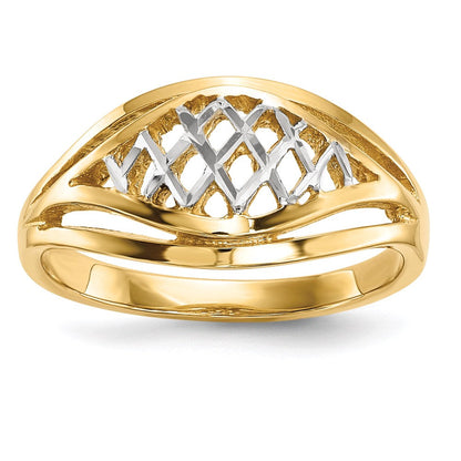 14K Gelbgold Ring mit Weißrhodium-Politur und Gitter-Muster