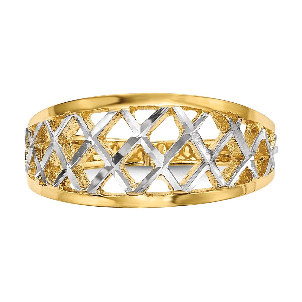 14K Gelbgold mit weißrhodiniertem, poliertem Gitterring
