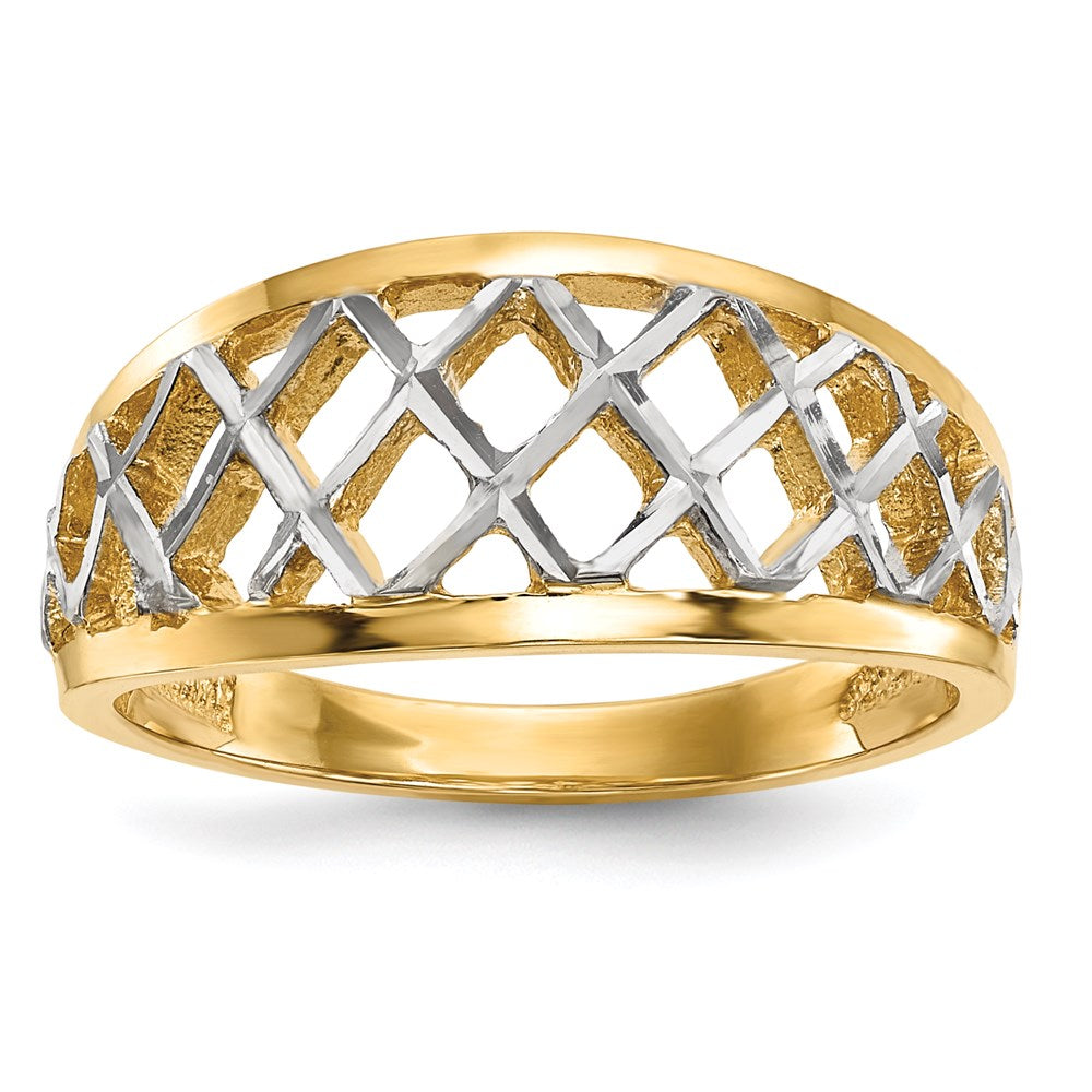 14K Gelbgold mit weißrhodiniertem, poliertem Gitterring