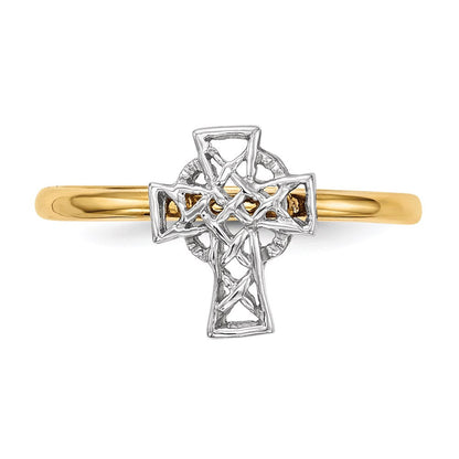 14K Bicolor Gold Polierter Keltischer Kreuz-Ring