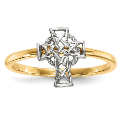 14K Bicolor Gold Polierter Keltischer Kreuz-Ring