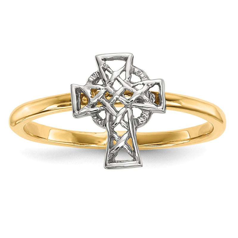 14K Bicolor Gold Polierter Keltischer Kreuz-Ring